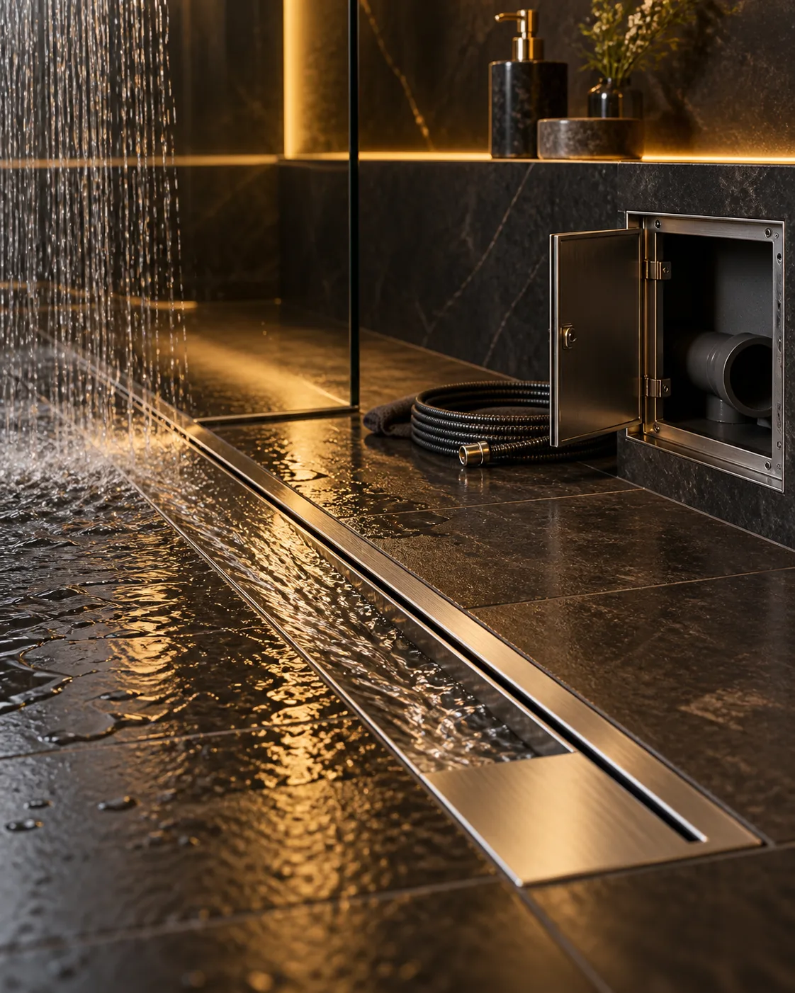 Évacuation de douche linéaire et accès technique