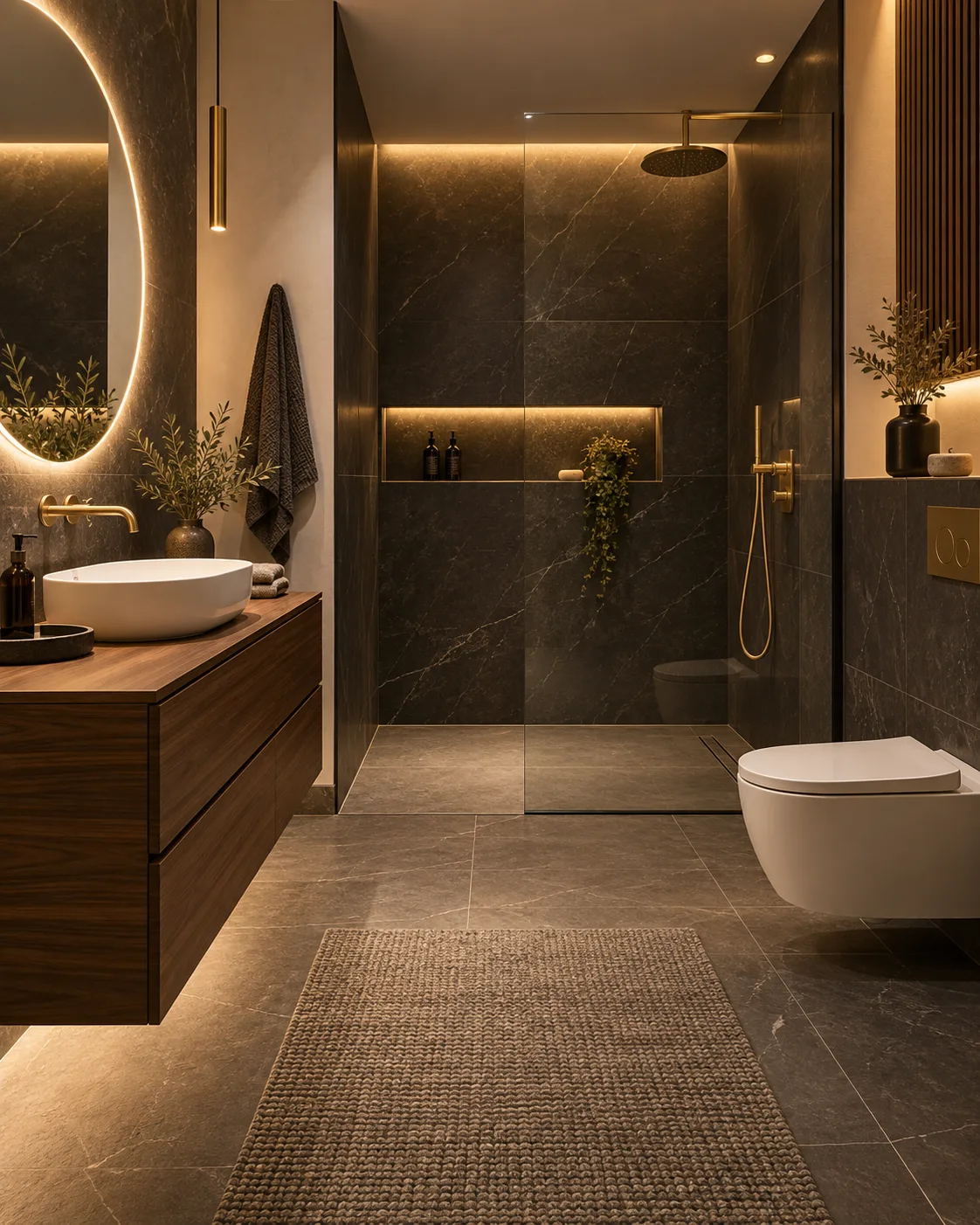 Salle de bains contemporaine avec douche, vasque et WC