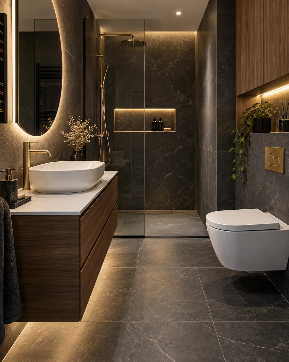 WC, vasque et robinetterie dans une salle de bains contemporaine