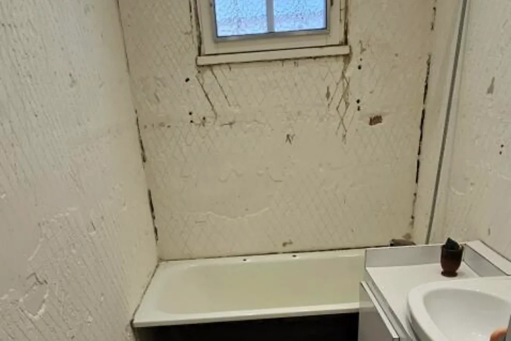 Salle de bains avant rénovation avec baignoire et mobilier ancien.