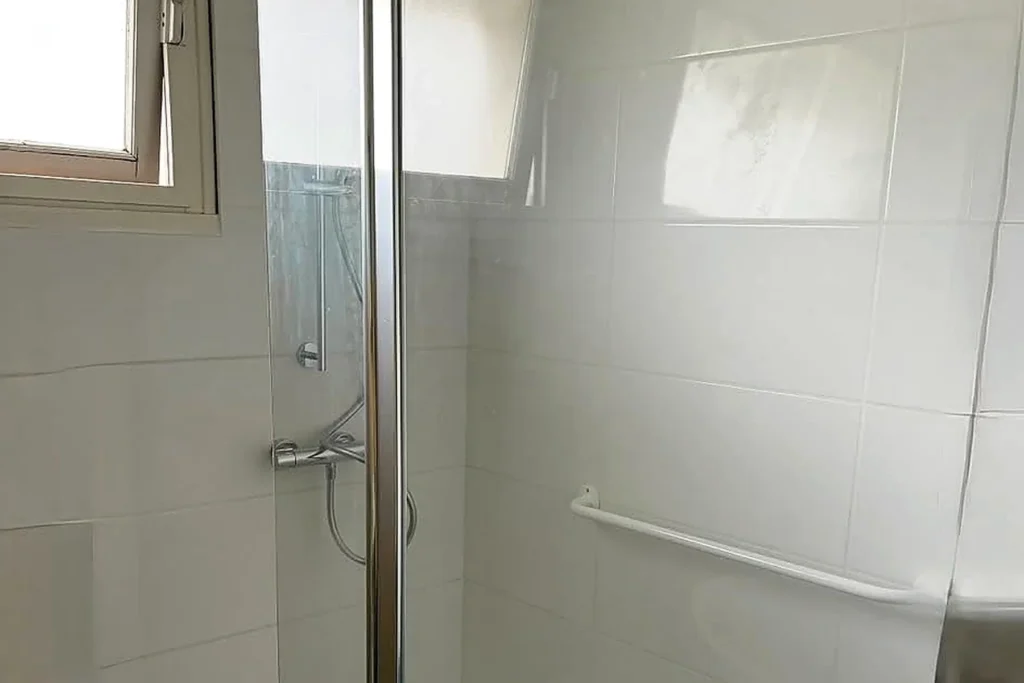 Salle de bains rénovée avec douche vitrée, barre d’appui et siège de douche.