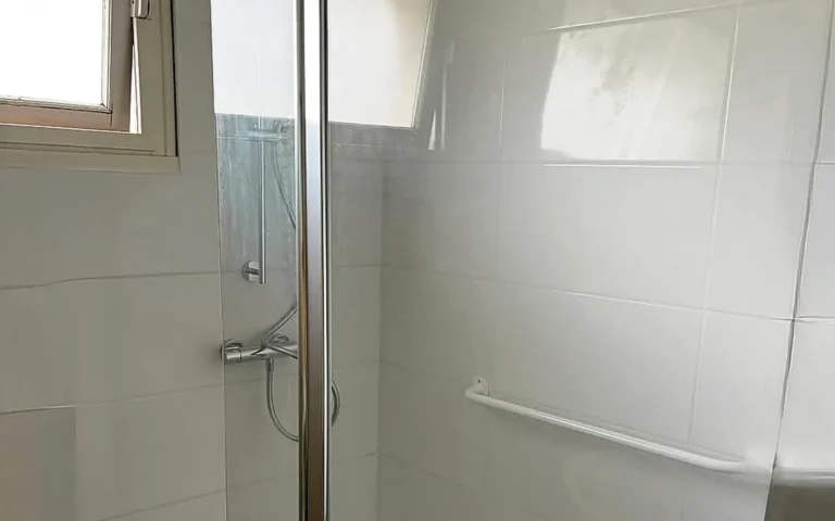 Salle de bains rénovée avec douche vitrée, barre d’appui et siège de douche.